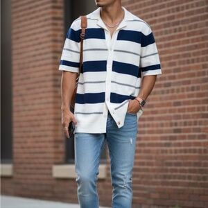 M&S.   Men's Navy and White Striped Shirt SIZE L